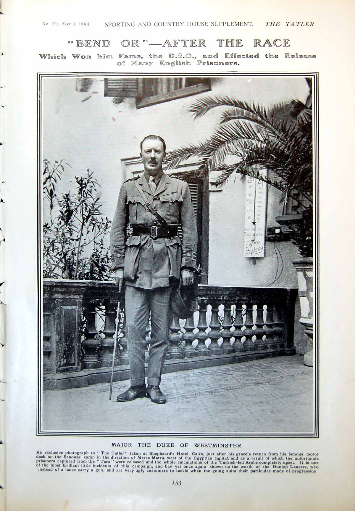 Antique Old Print Major The Duke Westminster Cairo Hon. Ruby Hardinge 1916 20th