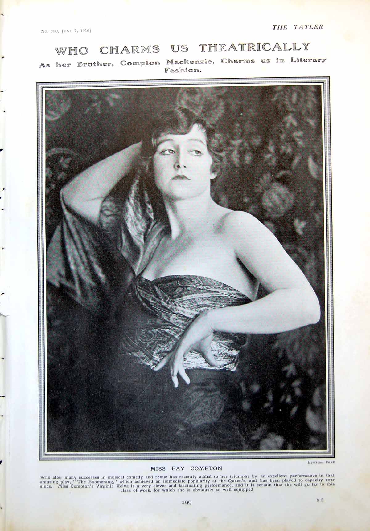 Old Antique Print Miss Fay Compton Portrait Playing In The Boomerang 1916 20th