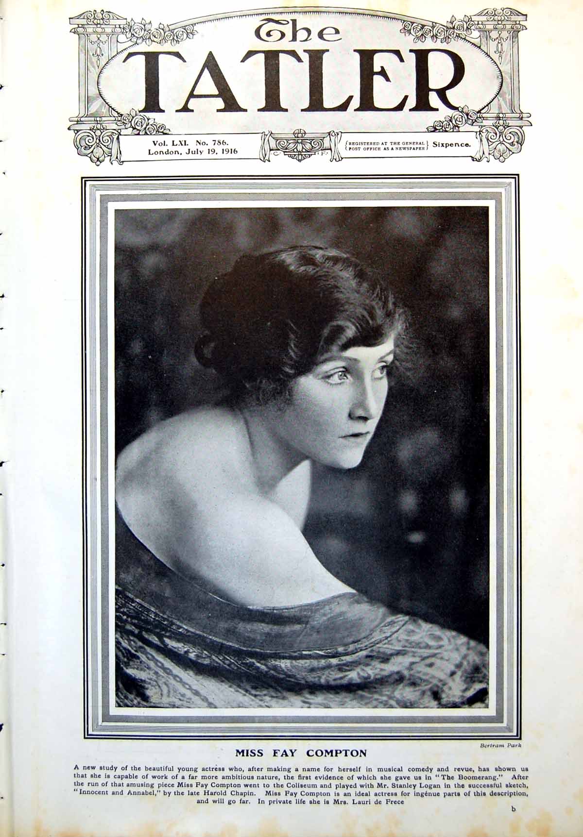 Original Old Antique Print Miss Fay Compton Actress Letters Eve Punting 1916