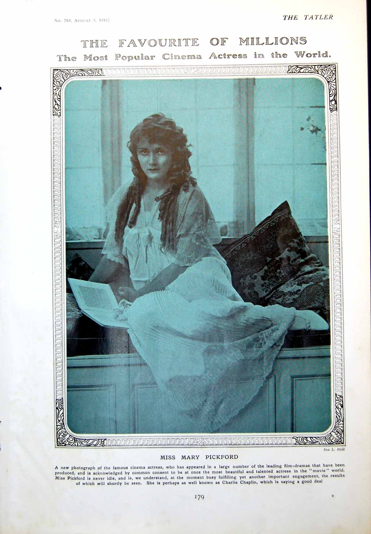 Original Old Antique Print Miss Mary Pickford Cinema Actress 1916 20th Century