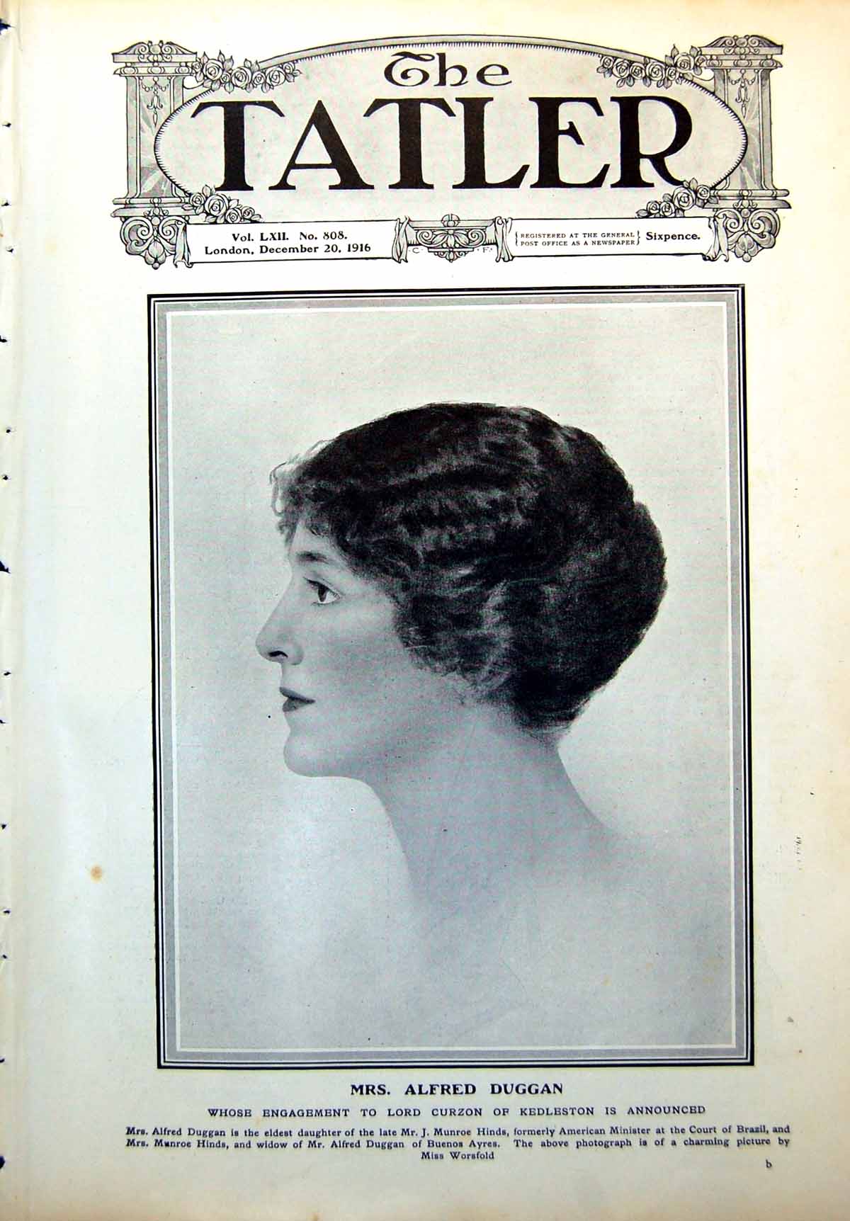 Old Print Mrs Alfred Duggan Portrait Letters Eve Police Call Tou-Tou 1916 20th