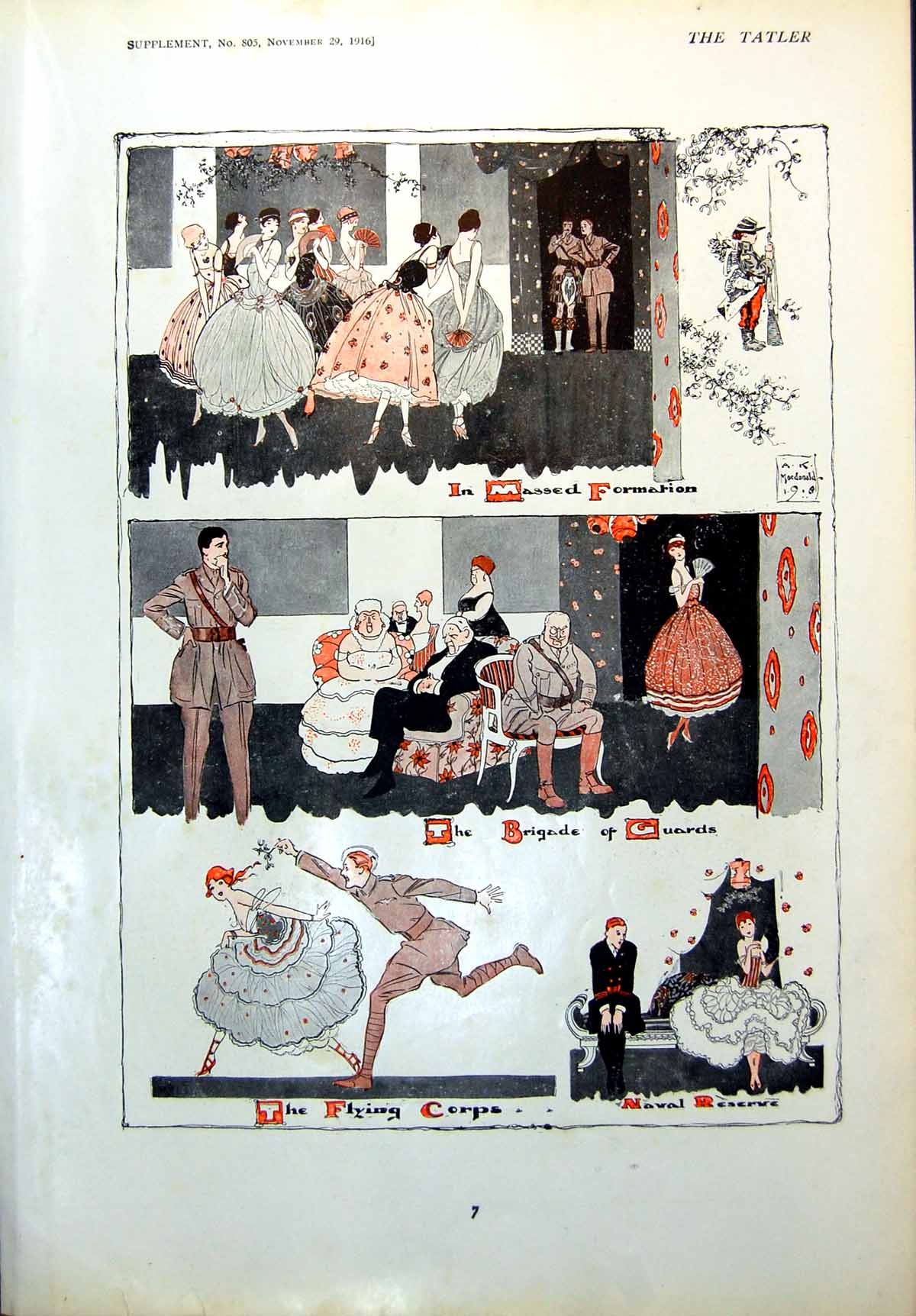 Old Antique Print Humourous Sayings Massed Formation Naval Reserve 1916 20th
