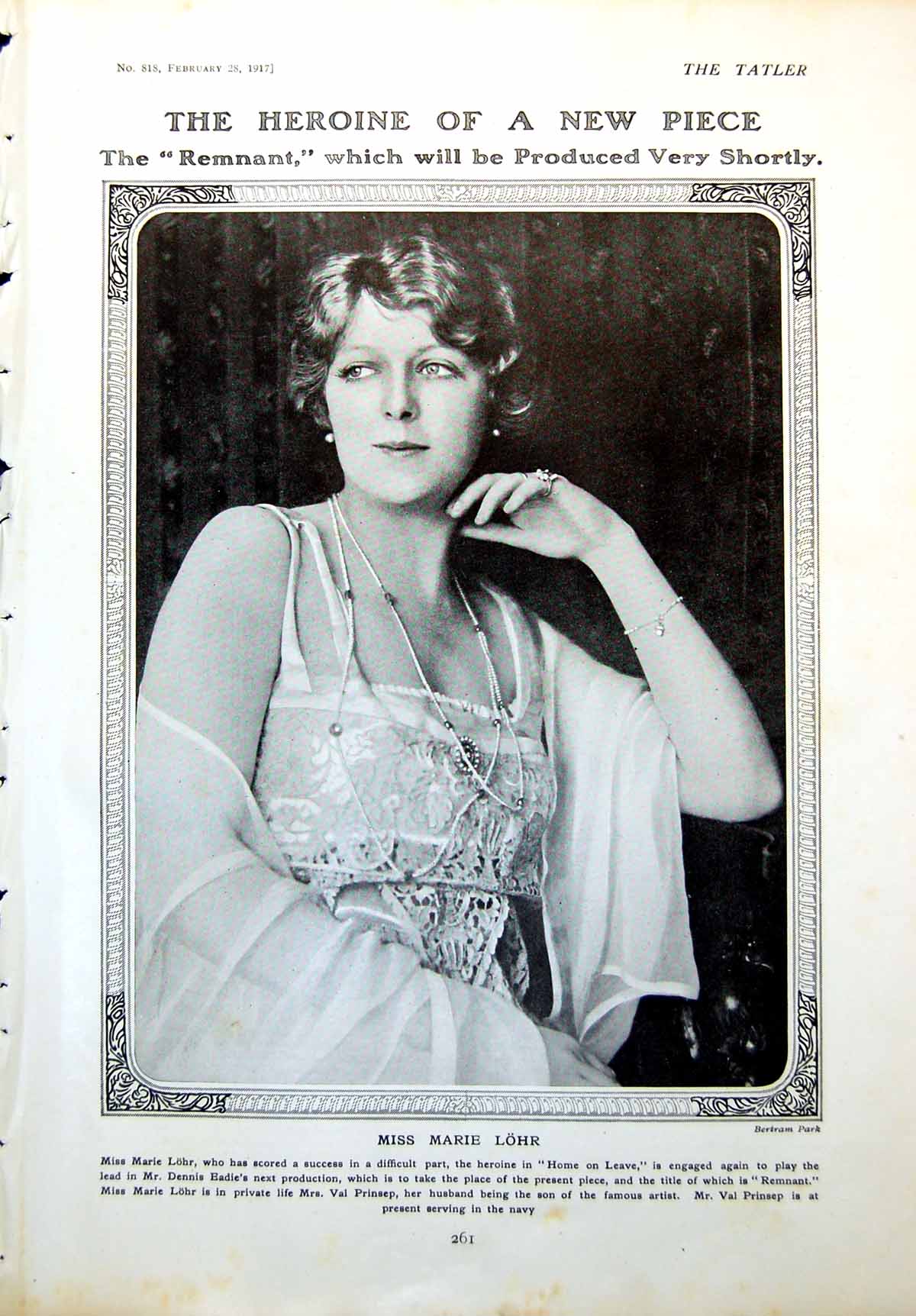 Antique Old Print Miss Marie Lohr Actress Distinguished Dutch Officers 1917