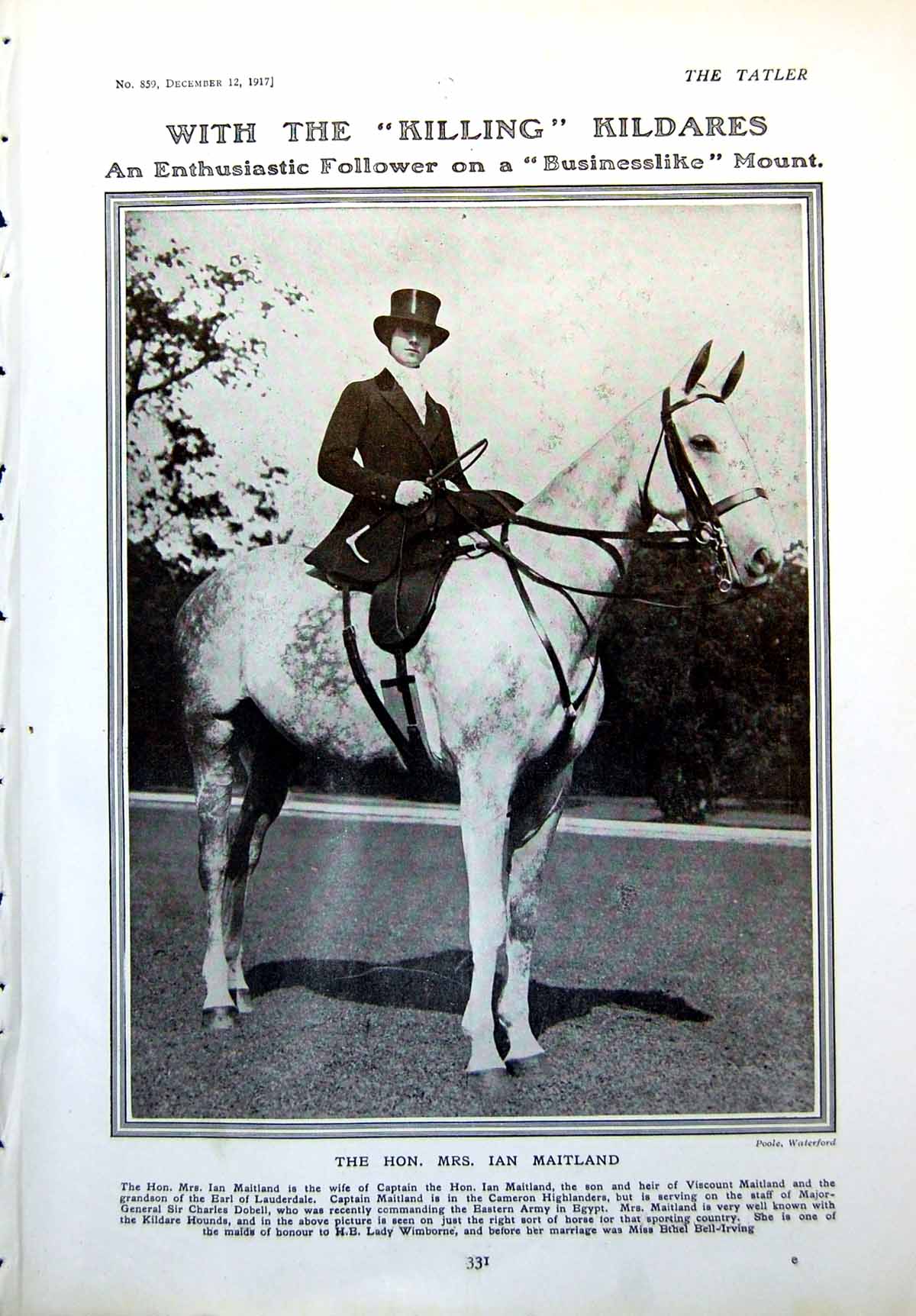 Antique Print Hon Mrs Ian Maitland Mounted Horse Miss Margaret Morris 1917 20th