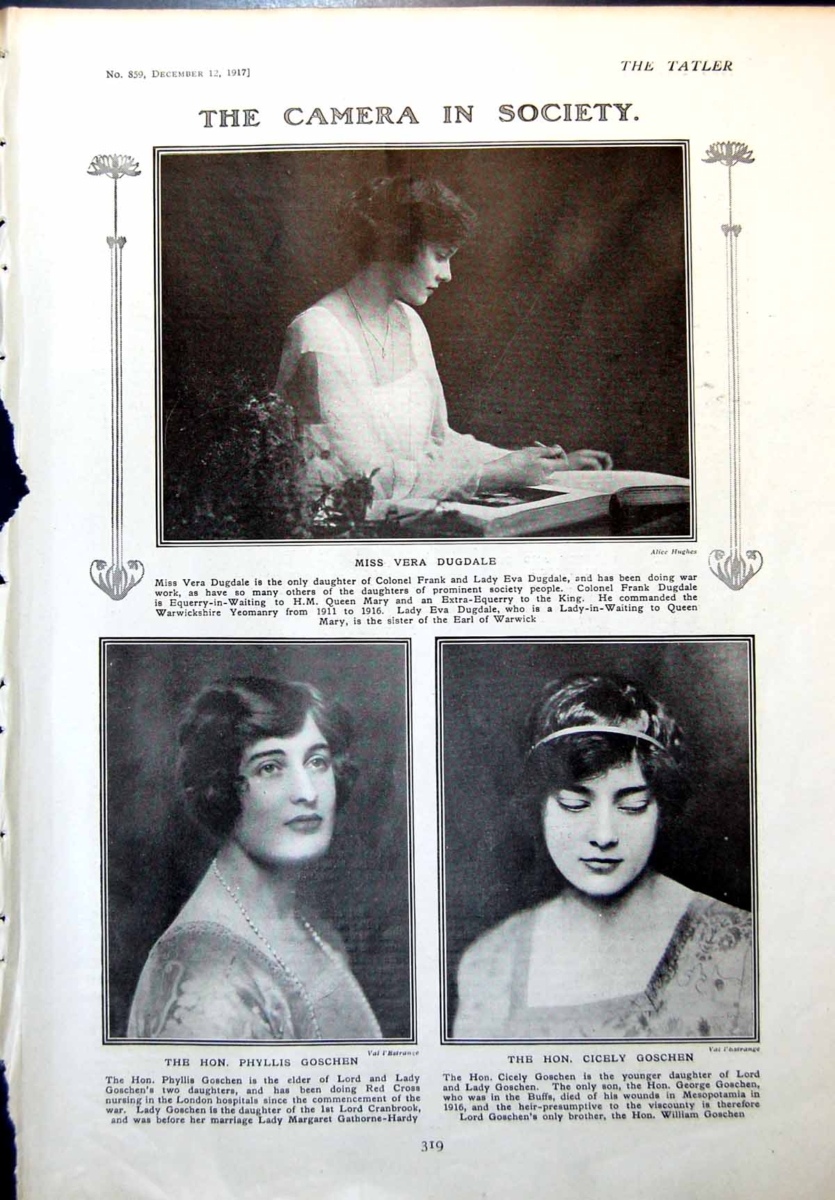Antique Print Vera Dugdale Phyllis Goschen Cicely King Albert Belgium 1917 20th