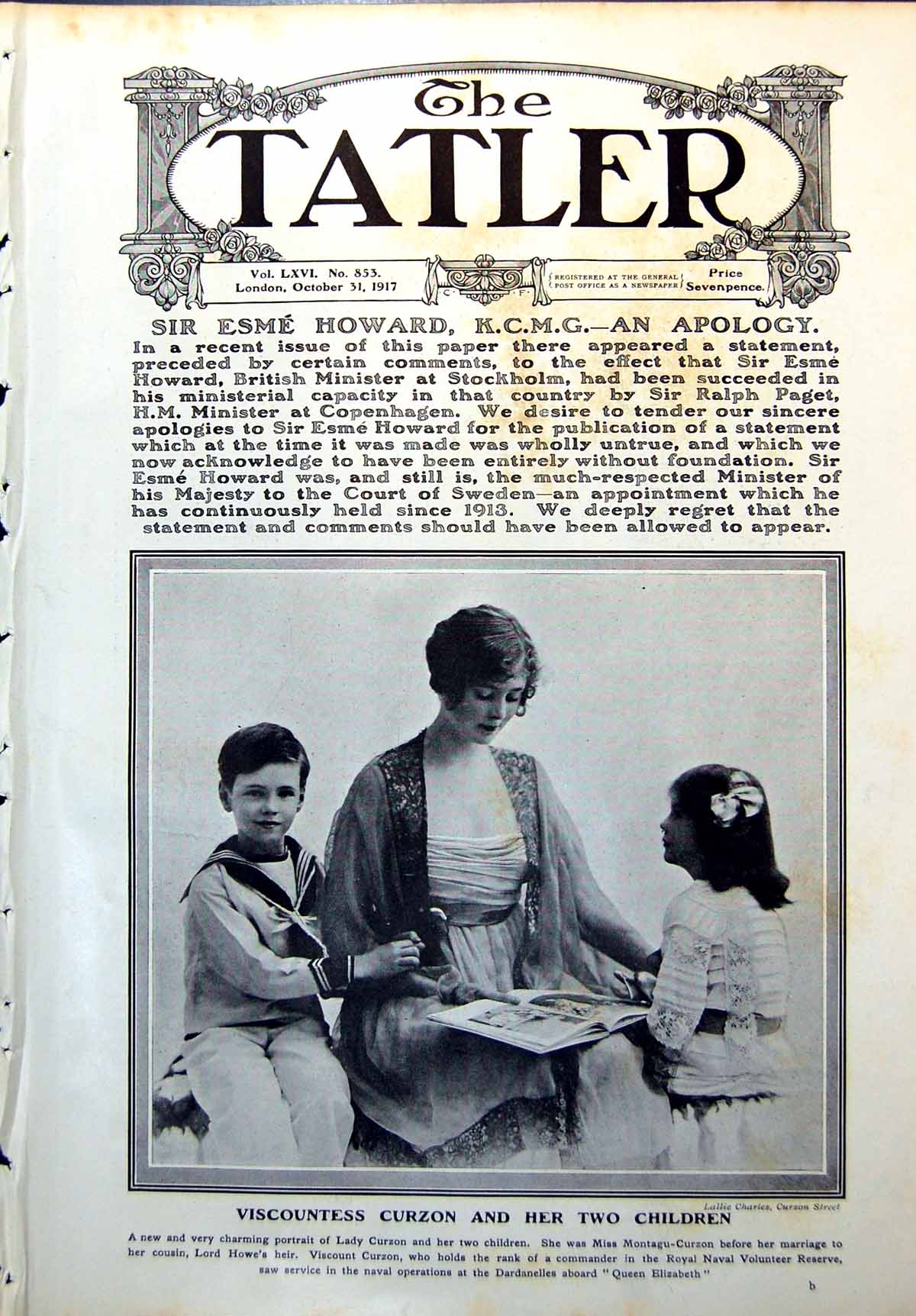 Antique Print Viscountess Curzon Two Children Letters Eve Plumber Bath 1917