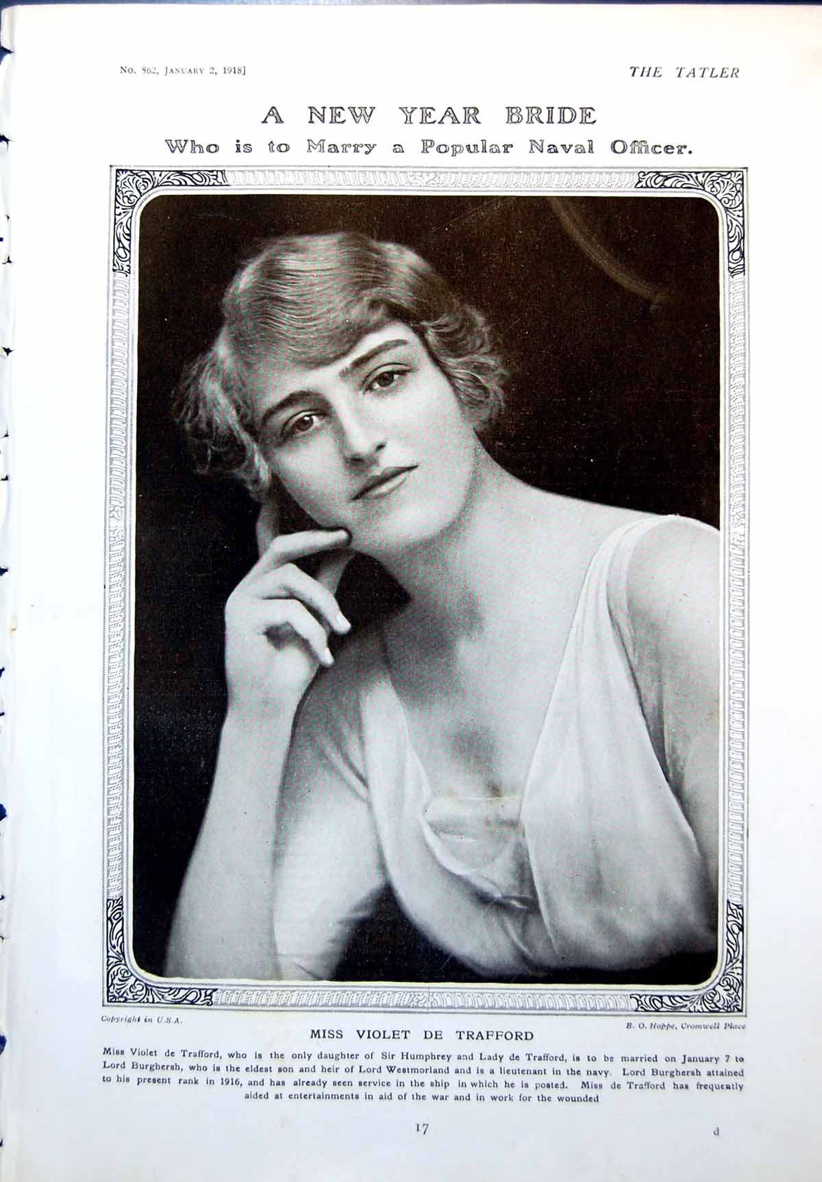 Antique Old Print Miss Violet De Trafford Portrait Blinded Siers Revue 1918
