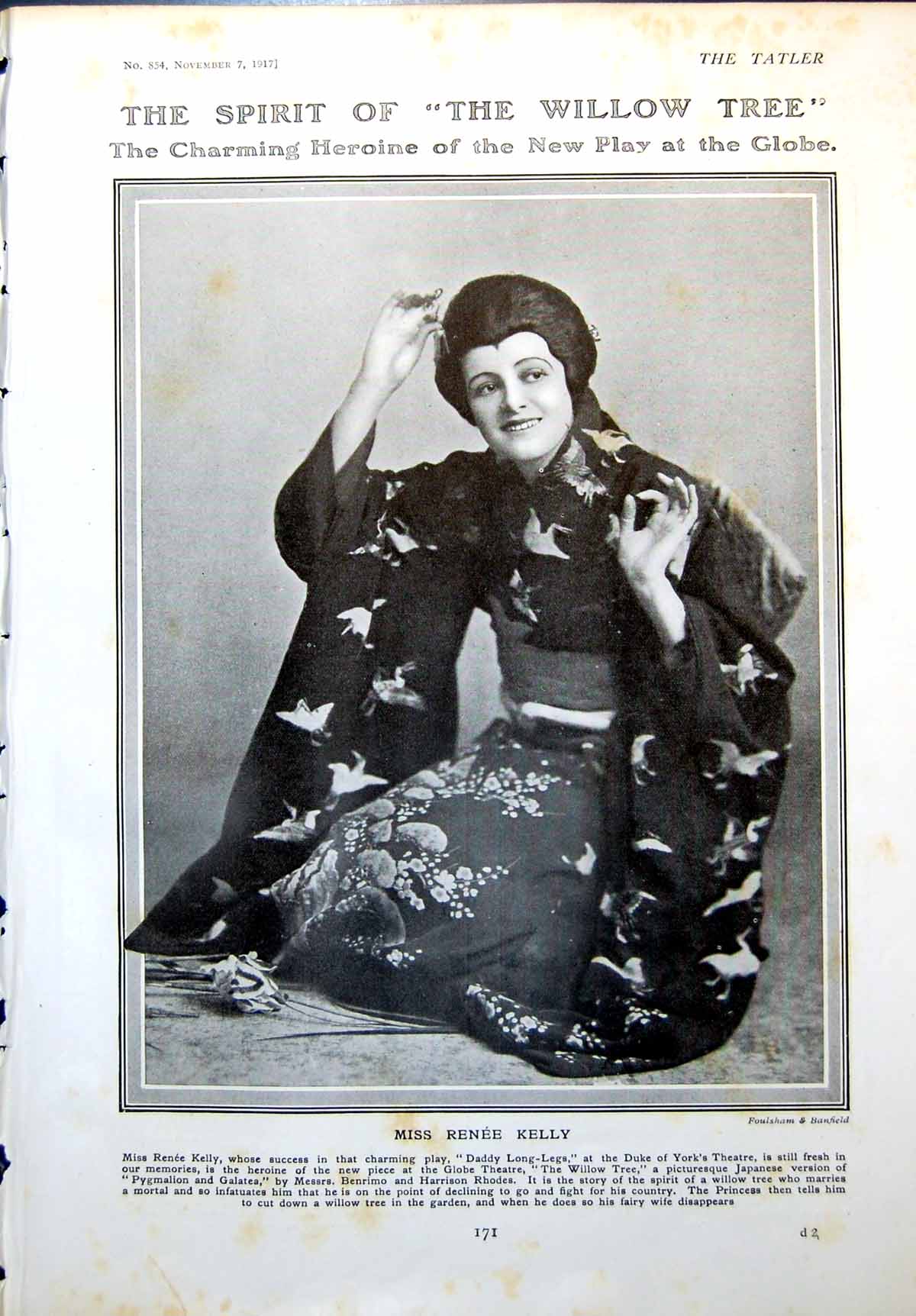 Antique Old Print Miss Renee Kelly Actress Mrs H Wedderburn Lady Clifton 1917