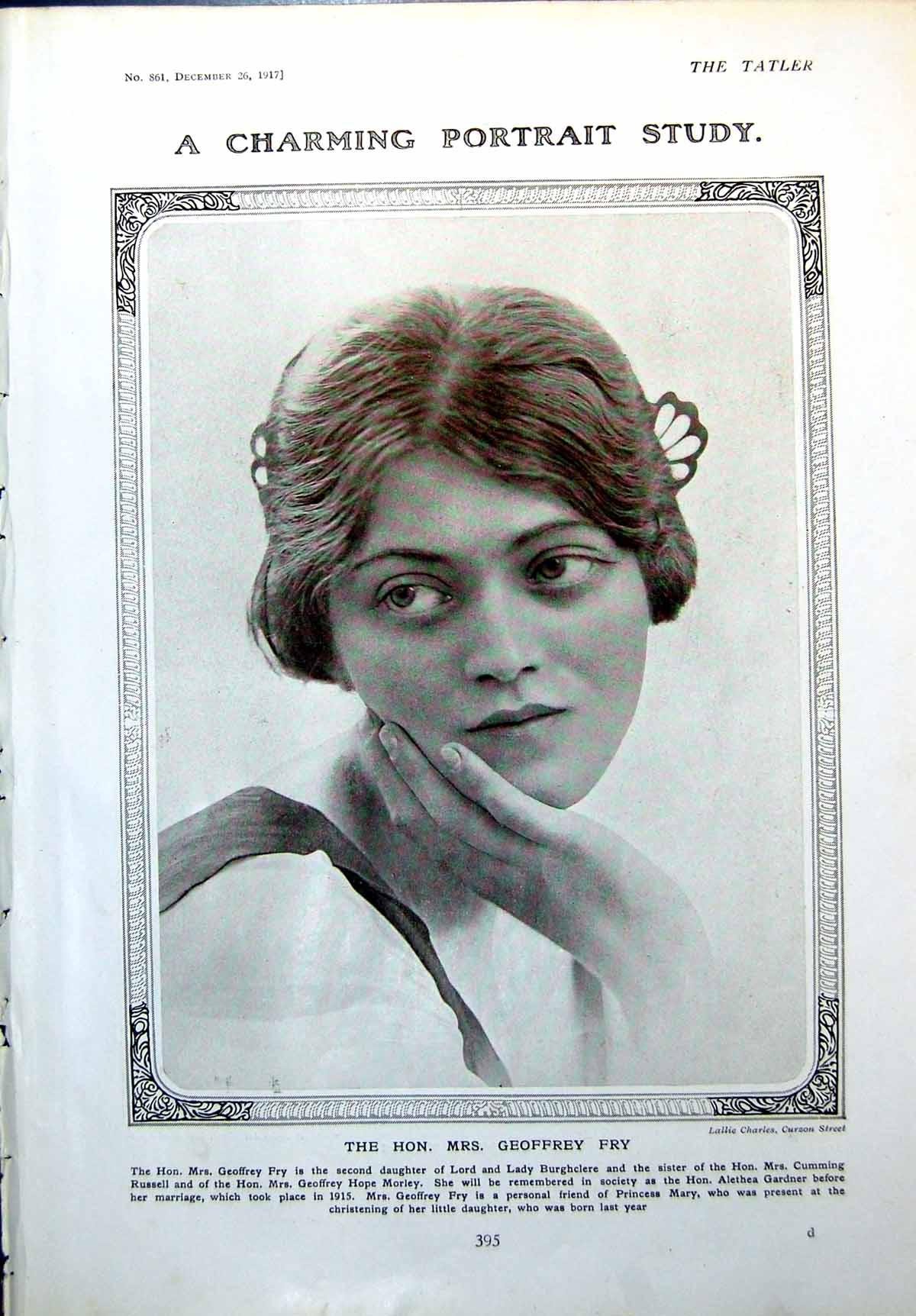 Old Vintage Print Hon. Mrs Geoffrey Fry Portrait Miss Sadrene Storri 1917 20th