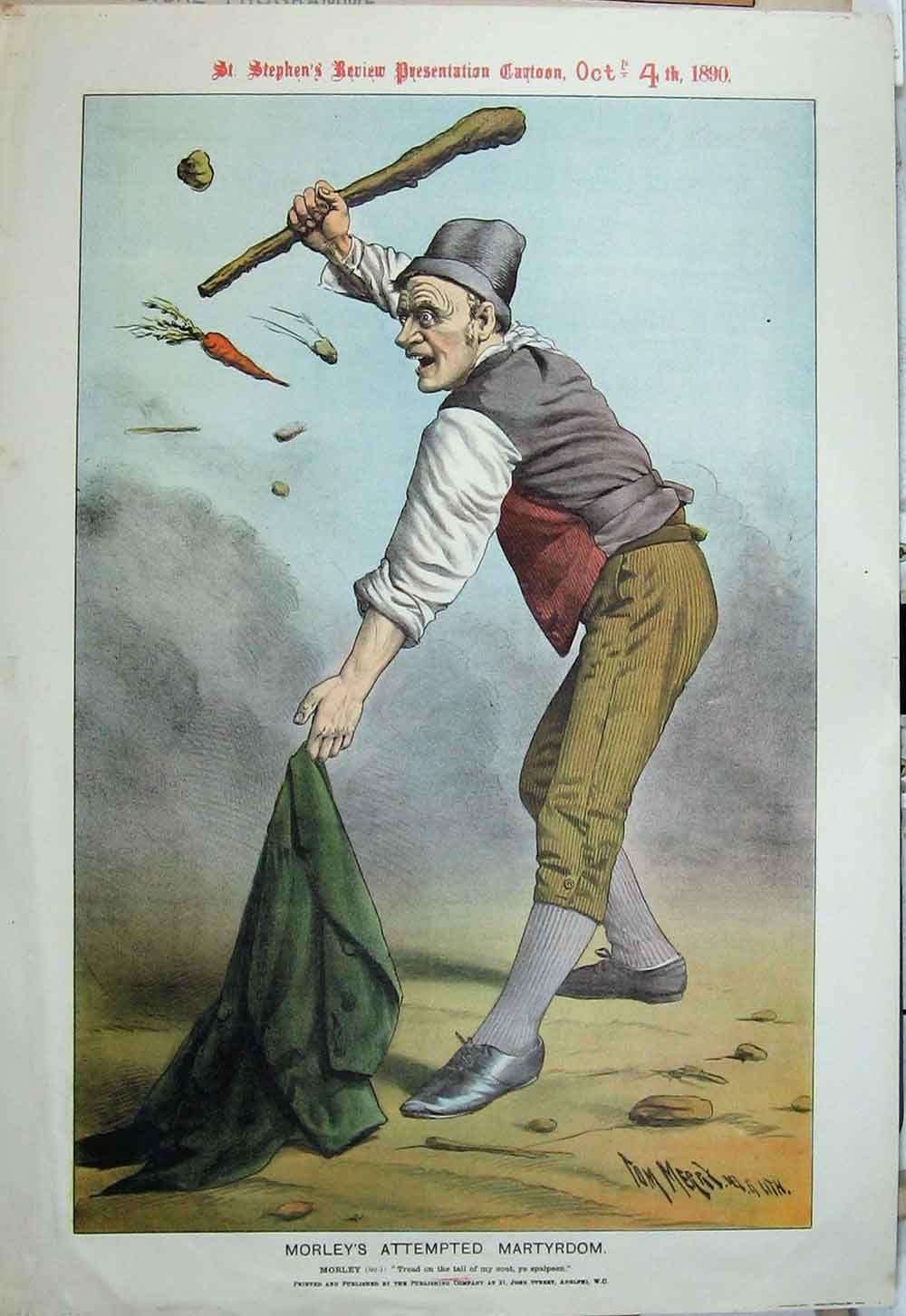 Old Antique Print 1890 Morley'S Martyrdom Flying Vegetables Coat Cartoon 19th