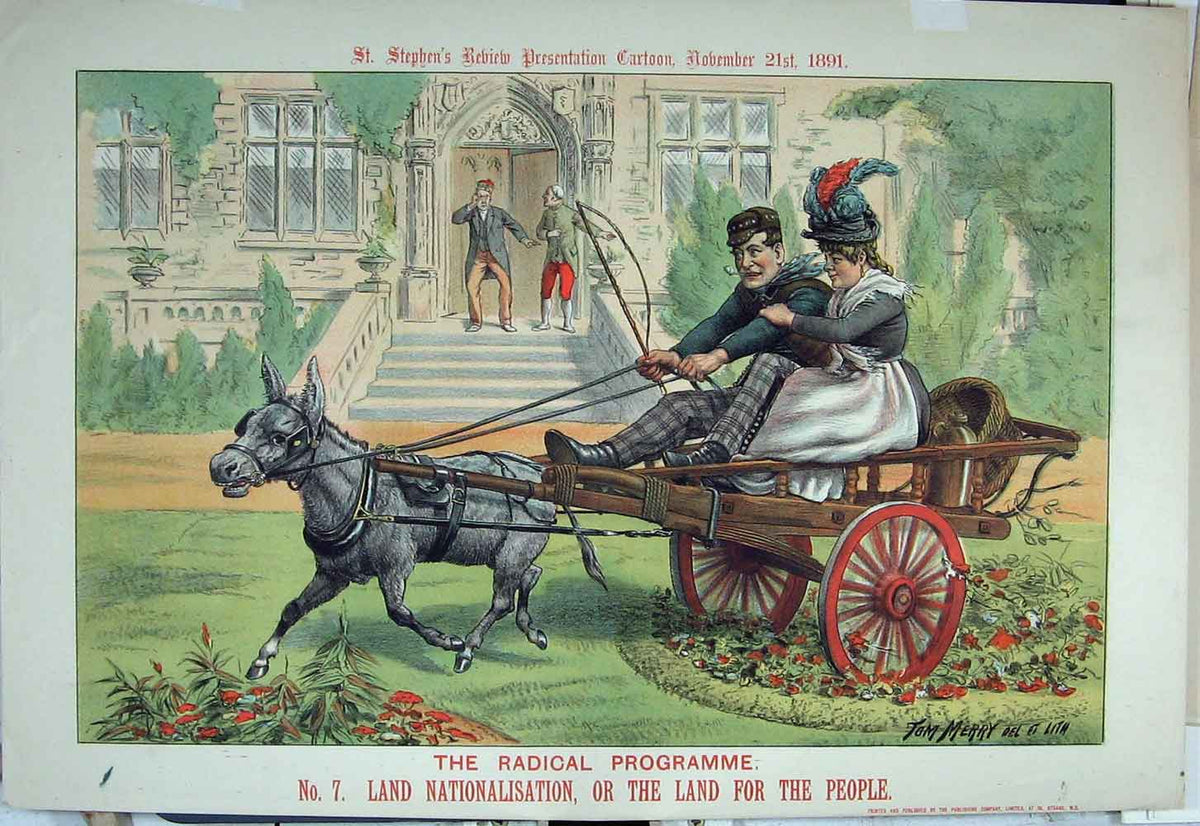 Original Old Antique Print 1891 Cartoon Man Woman Donkey Cart Statley Home Land