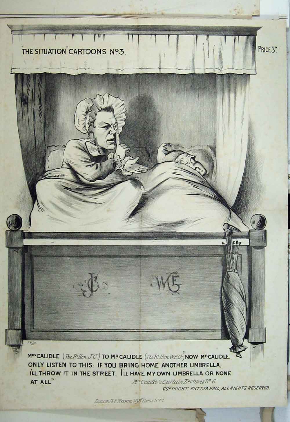 Original Old Antique Print Political Cartoon Mrs Mr Caudle Bed Umbrella Curtain