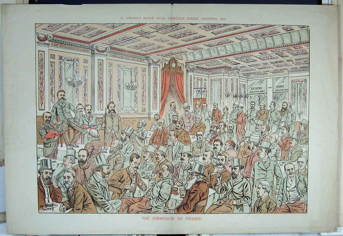 Original Old Antique Print 1888 Political Cartoon Commission Finance Christmas