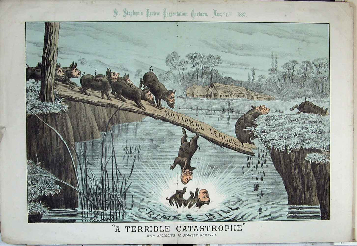 Old Antique Print 1887 Cartoon Pig Men Heads River Bridge National League 19th
