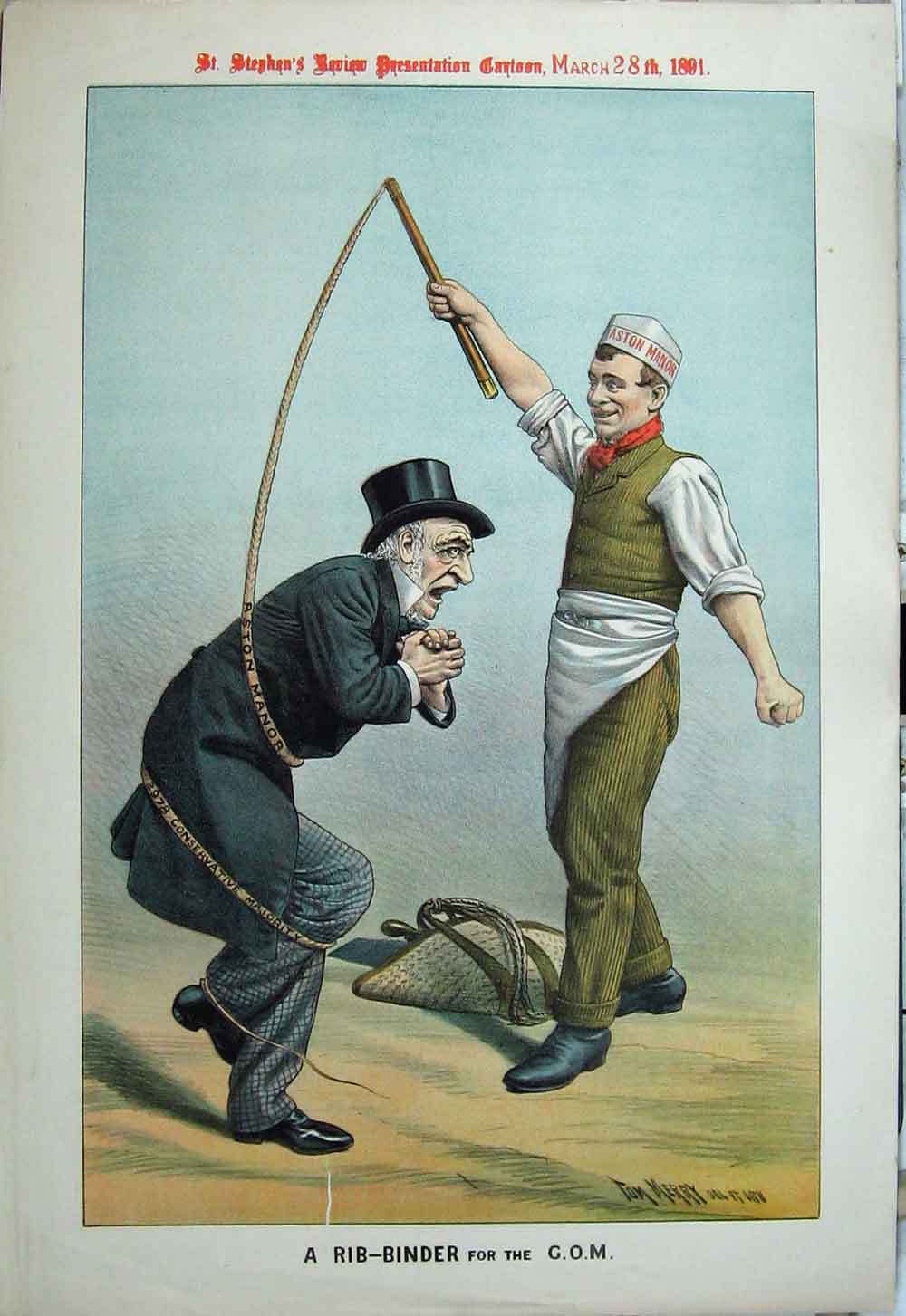 Original Old Antique Print 1891 Political Cartoon Aston Manor Whip Conservative