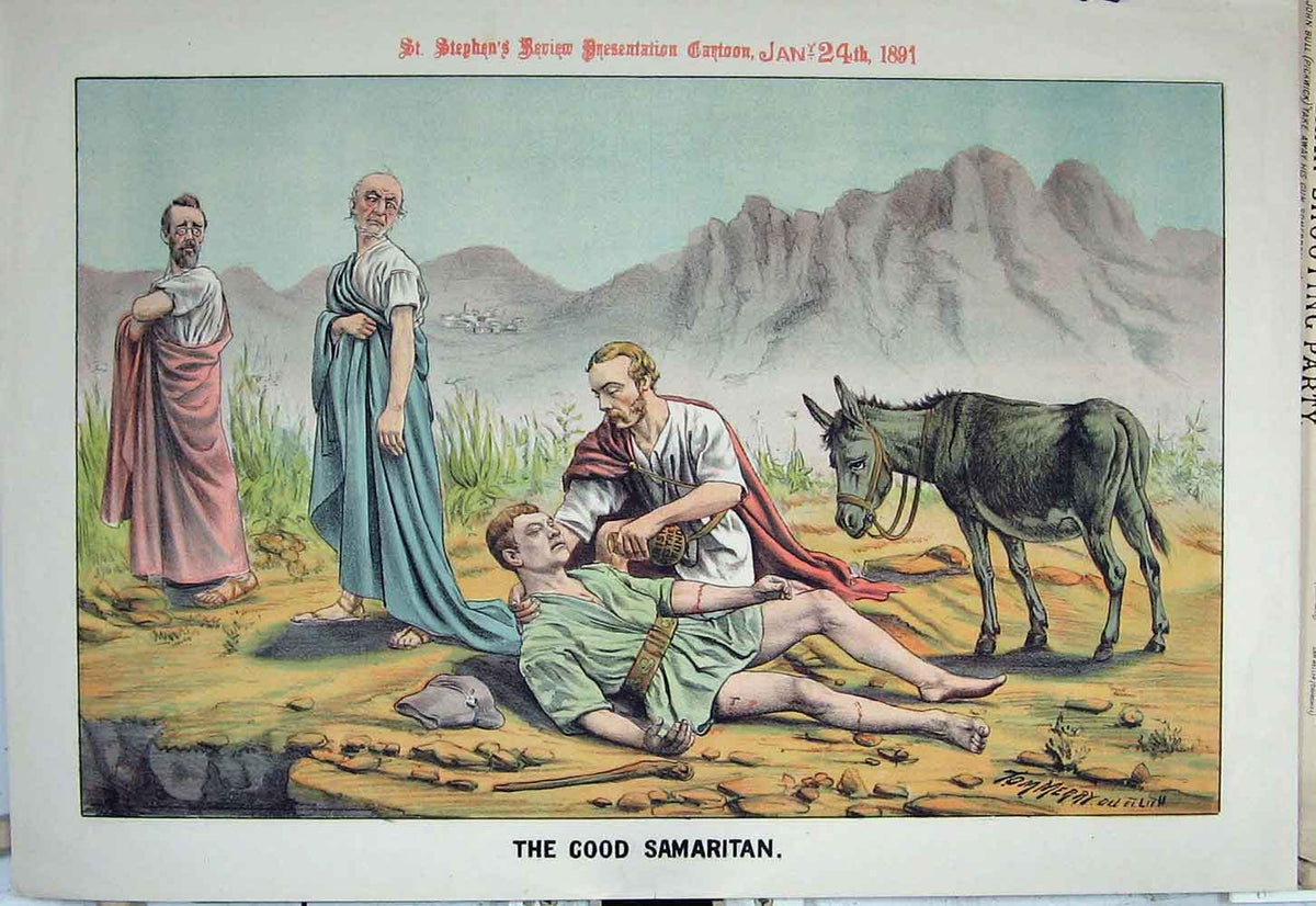 Old Antique Print 1891 Good Samaritan Donkey Dying Man Mountains Cartoon 19th