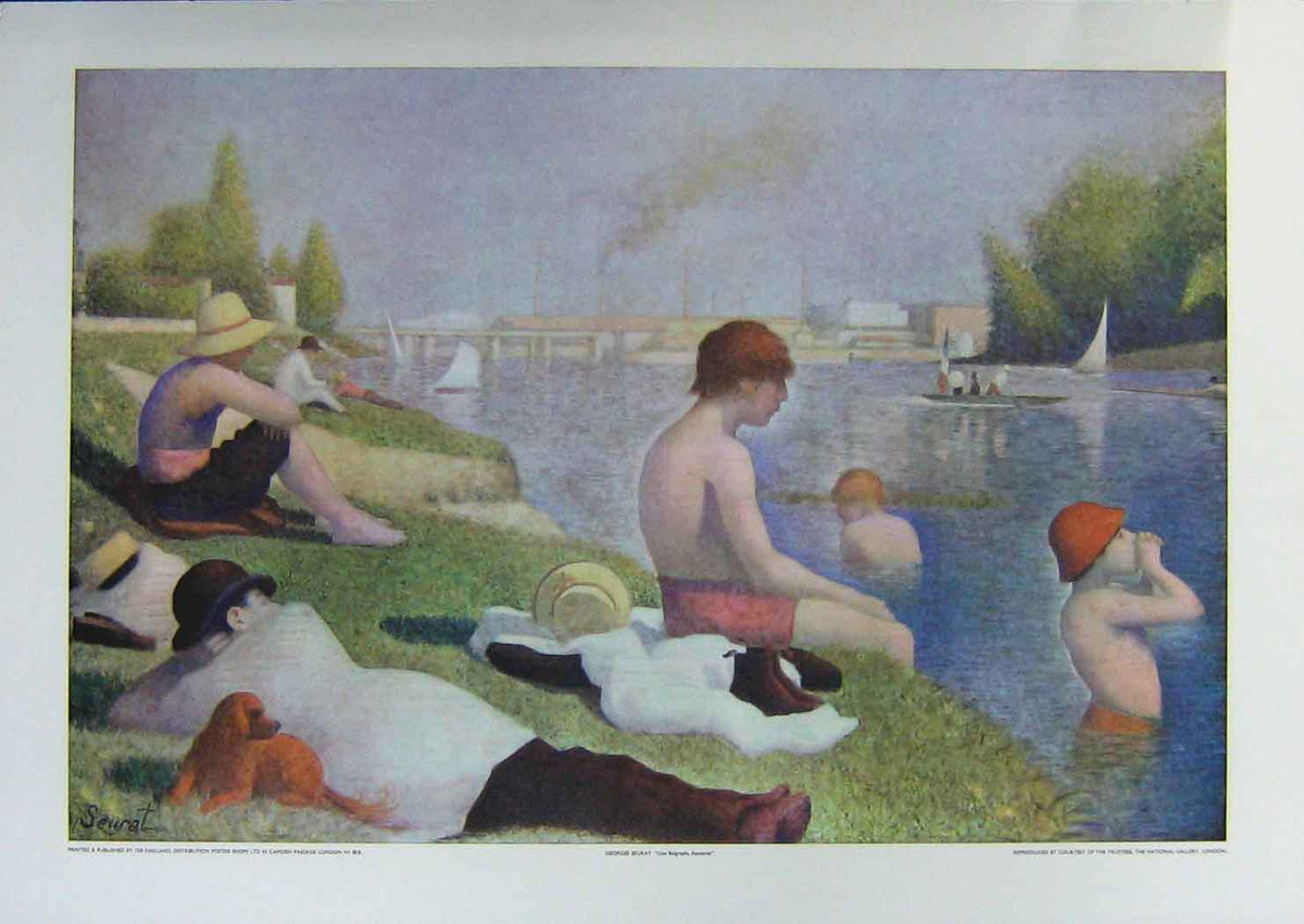 Original Old Antique Print Georges Seurat Une Baignade Asnieres Boys River Scene