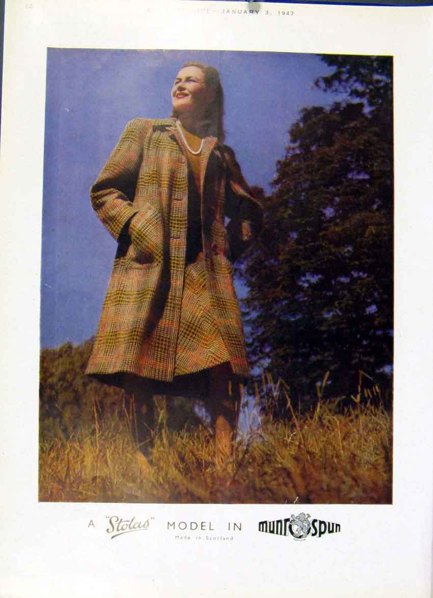 Original Old Vintage Print A Stolas Model In Munrospun 1947 Country Life Adver
