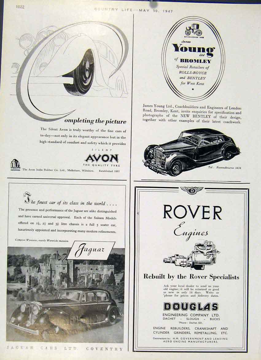 Original Old Vintage Print Jaguar Rover & Bentley 1947 Country Life Car Ads 20th