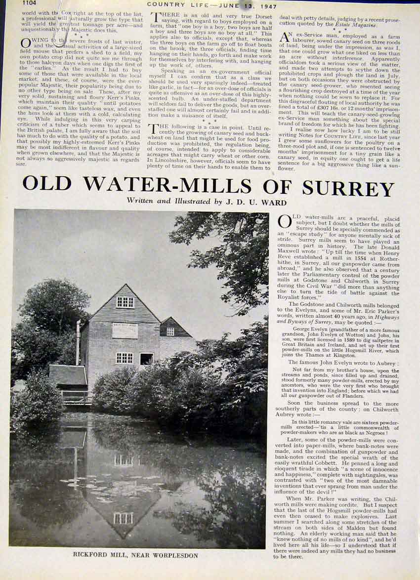 Original Old Vintage Print Water Mills Surrey 1947 Rickford & Guildford 20th