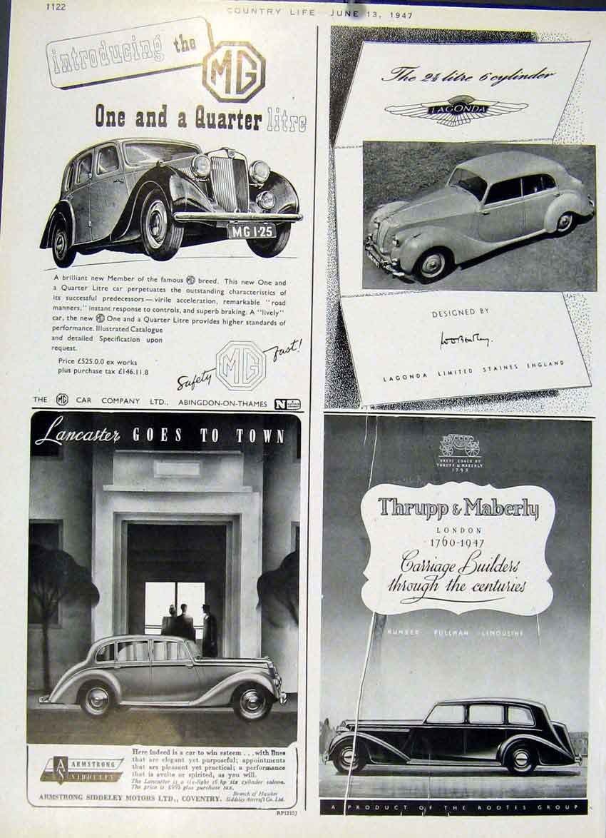 Original Old Vintage Print Mg Lancaster. Lagonda Humber 1947 Country Life Car Ad