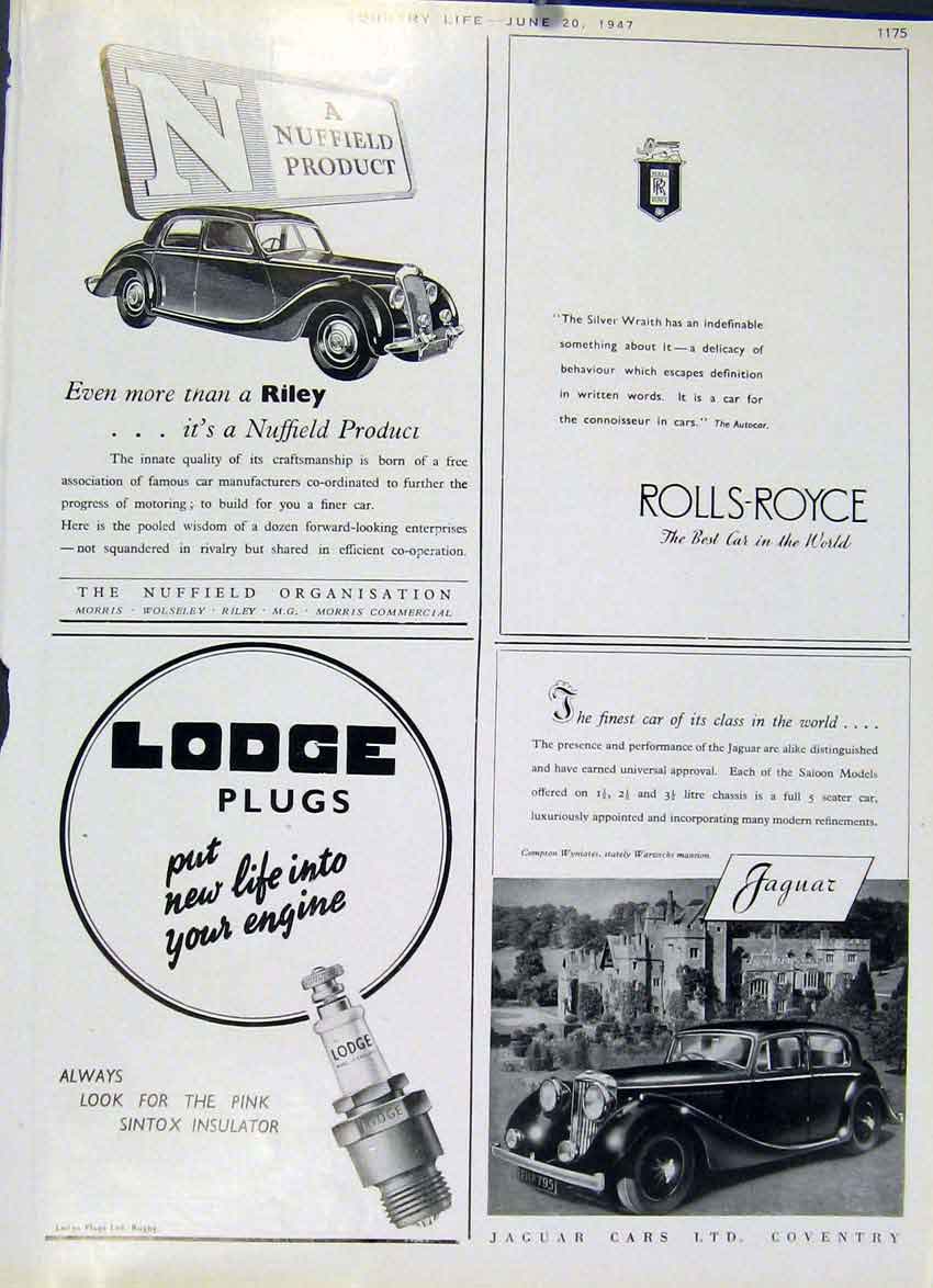 Original Old Vintage Print Rilety Jaguar Rolls 1947 Country Life Car Ads 20th