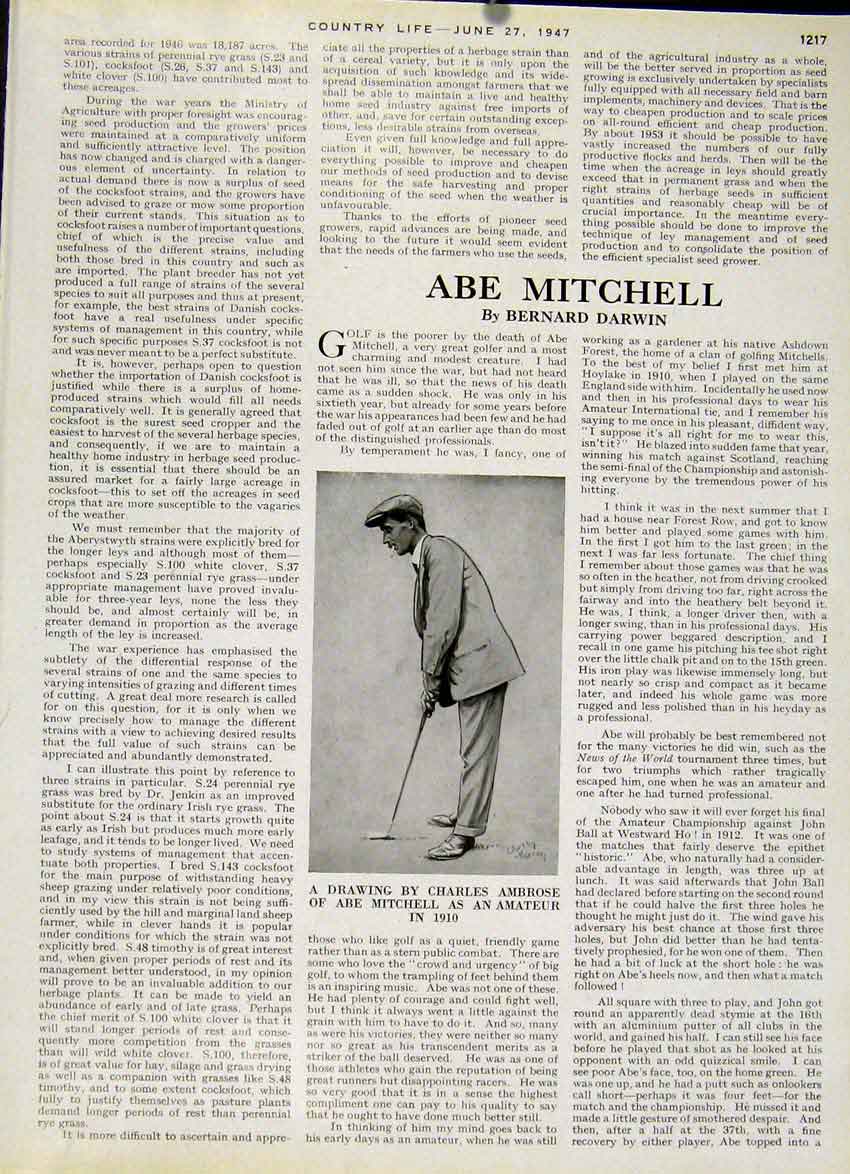 Original Old Vintage Print Abe Nmitchell By B Darwin 1947 Country Life Golf 20th