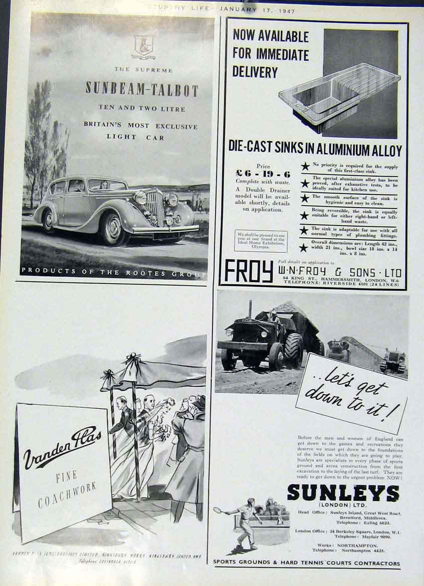 Original Old Vintage Print Sunbeam Talbot Motor Car 1947 Country Lif 20th