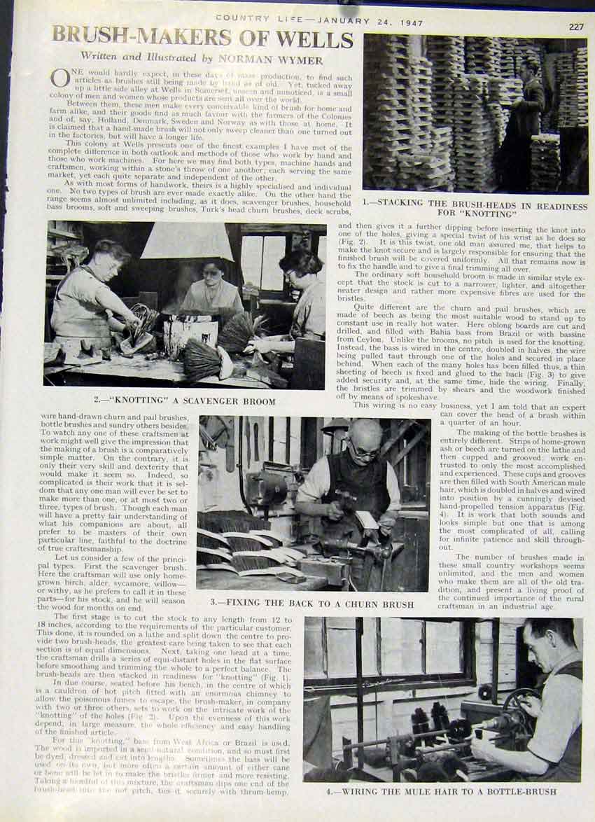 Original Old Vintage Print Brush Makers Wells 1947 Country Lif 20th Century