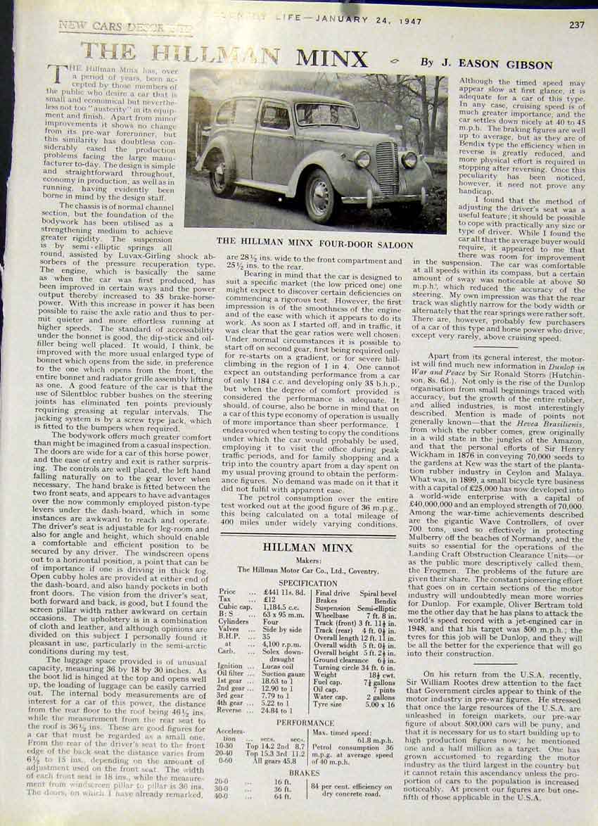 Original Old Vintage Print The Hillman Minx Motor Car 1947 Country Lif 20th