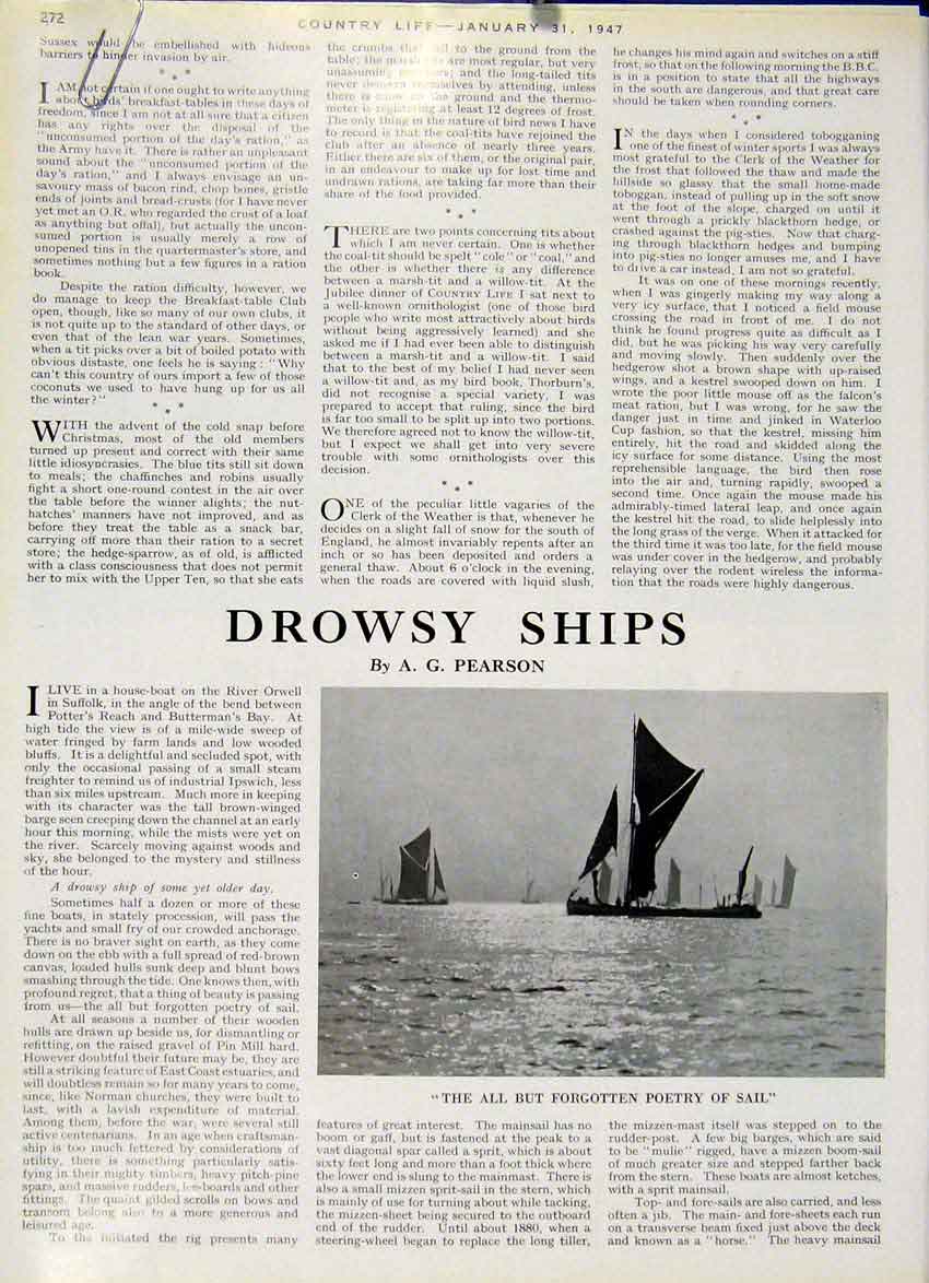 Original Old Vintage Print Drowsey Ships By Pearson 1947 20th Century