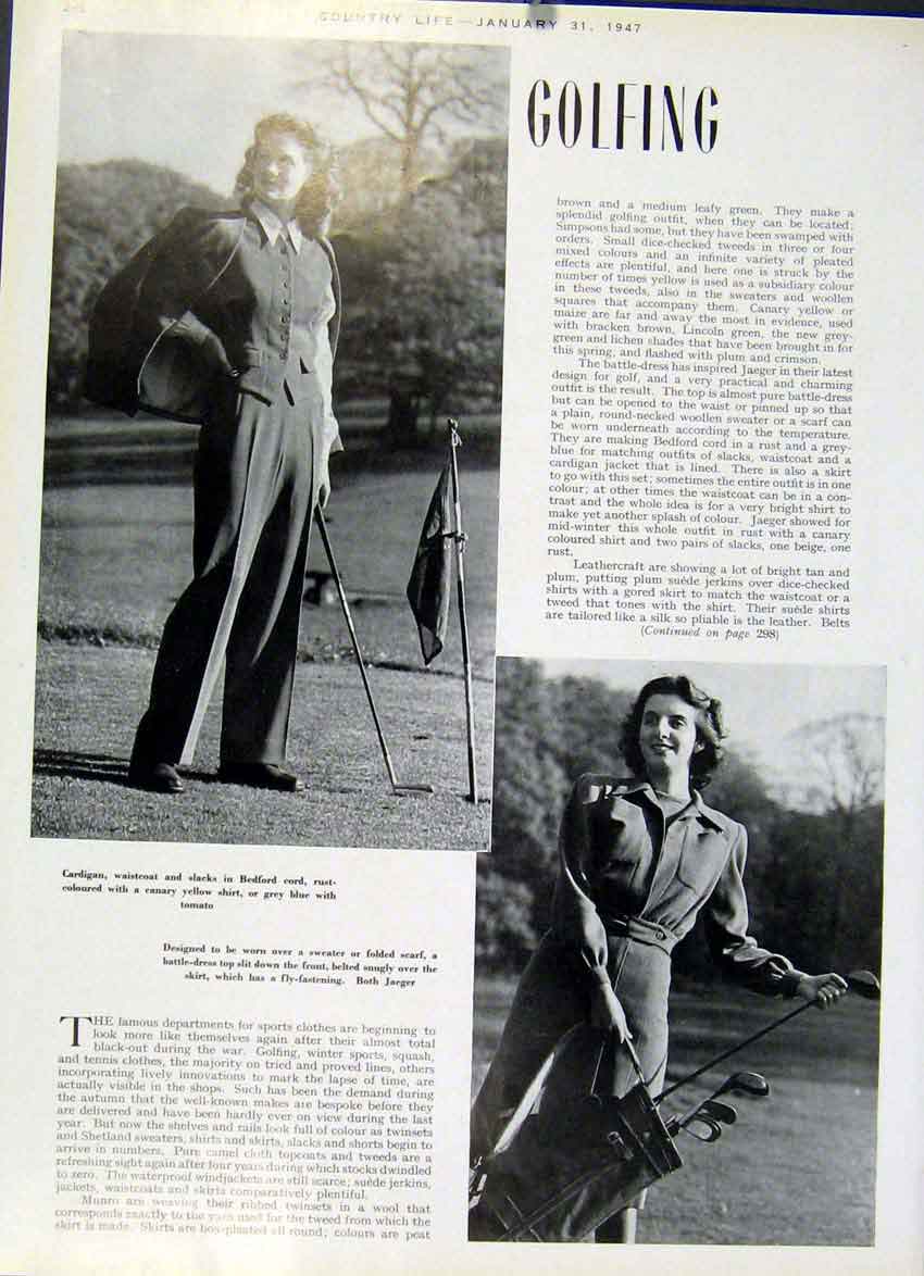 Original Old Vintage Print Golfing Outfits For Ladies 1947 Country Lif 20th