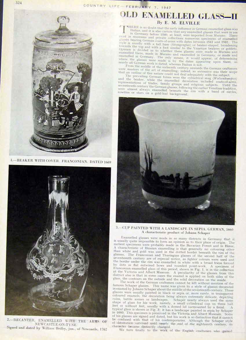 Original Old Vintage Print Enamelled Glass By Elville 1947 20th Century