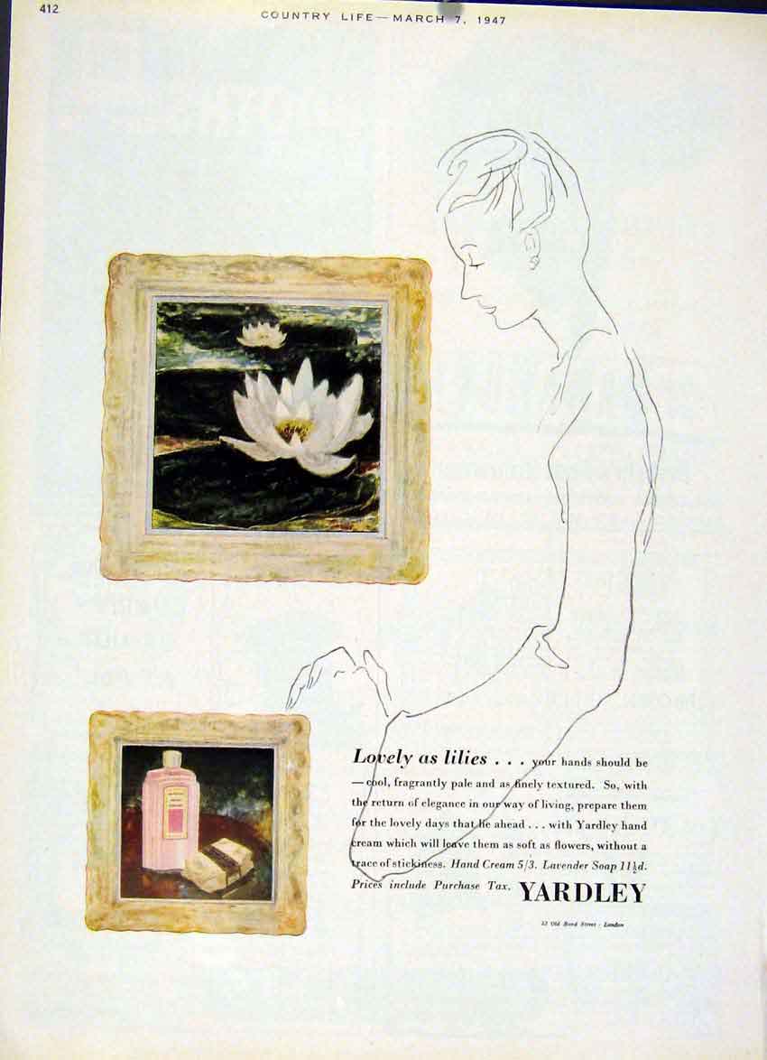 Original Old Vintage Print Yardley Lovely As Lillies 1947 Country Life Adver