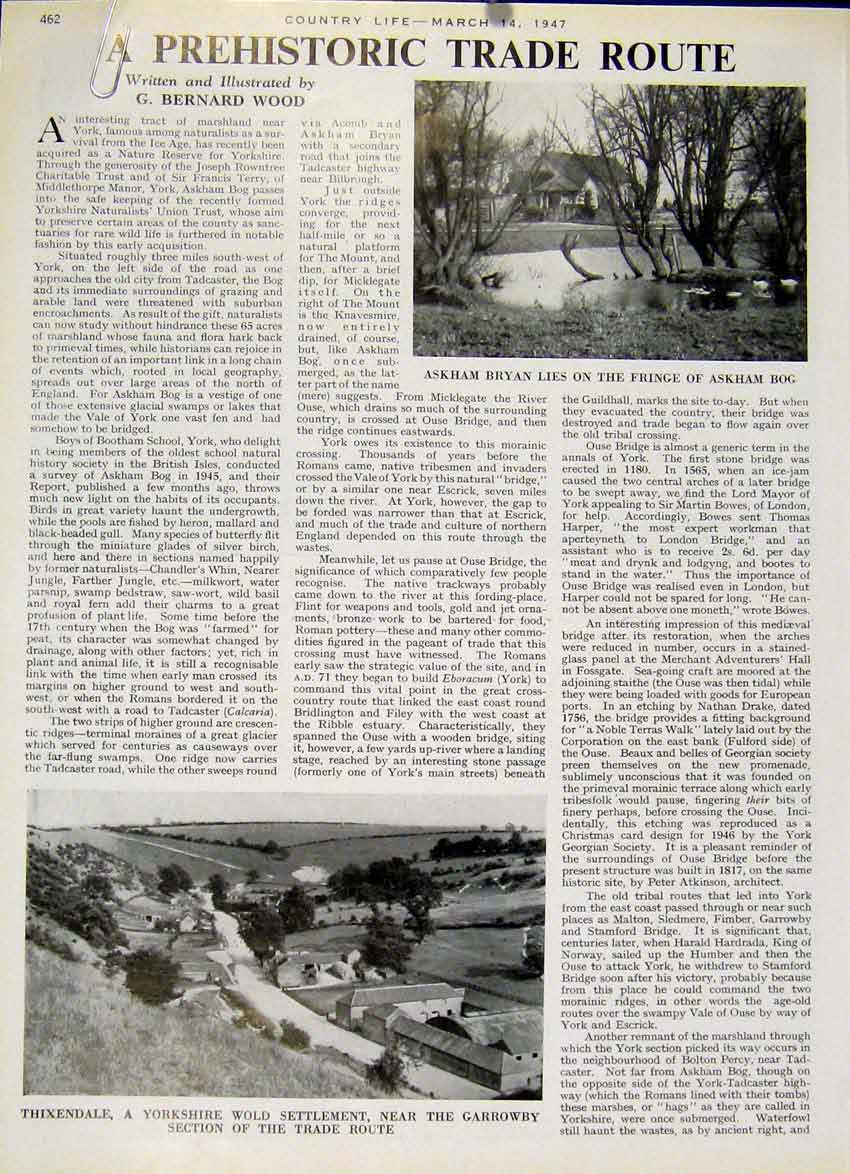Old Vintage Print Prehistoric Trade Route Tghrough Yorkshior By Wood 1947 20th