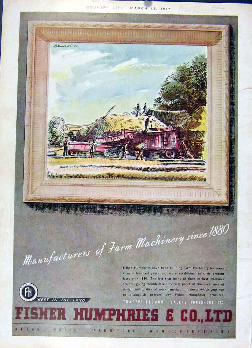 Old Vintage Print Fisher Humpries Farm Machinery 1947 Country Life Adver 20th