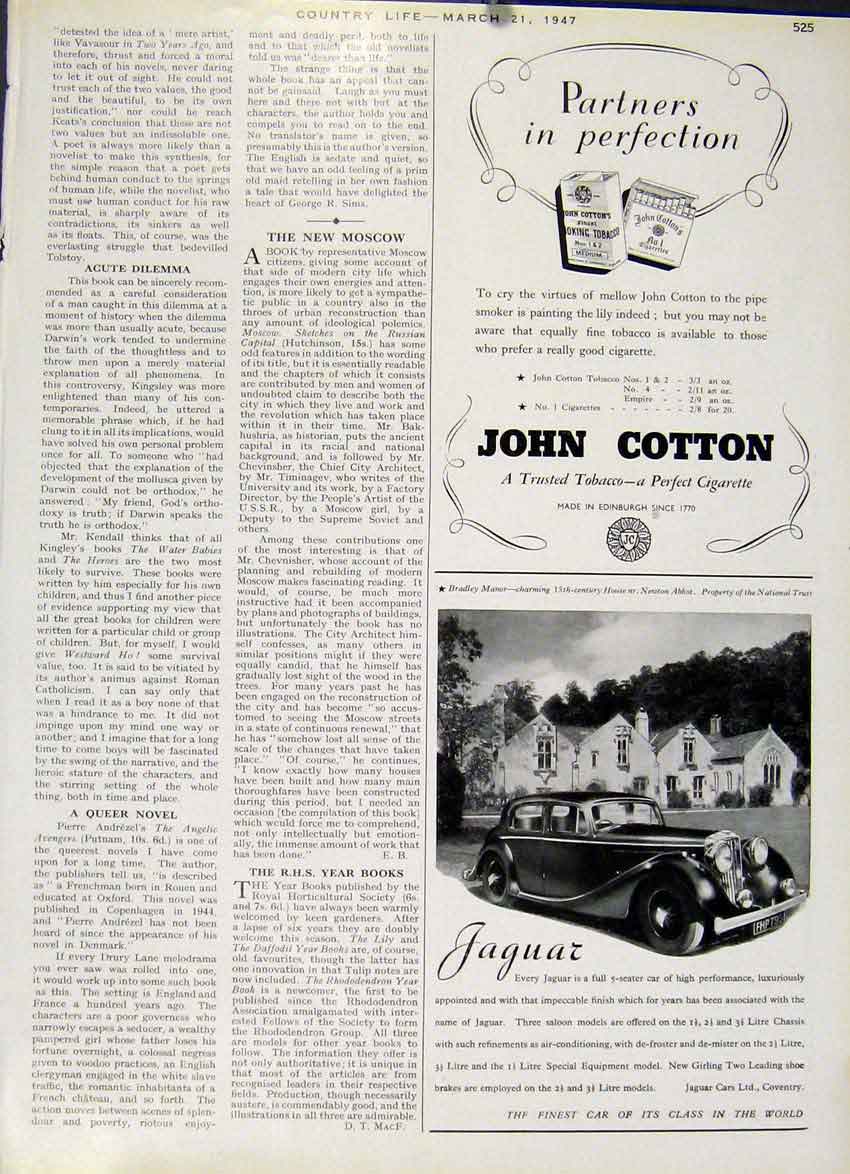 Original Old Vintage Print Jaguar Car Ad & John Cotton Cigarettes 194 20th