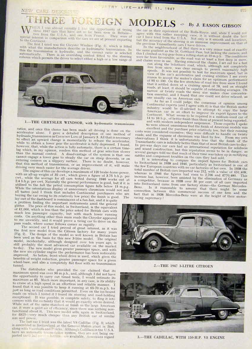 Original Old Vintage Print Foreign Motor Cars Crysler Citreon Cadillac 1947 U
