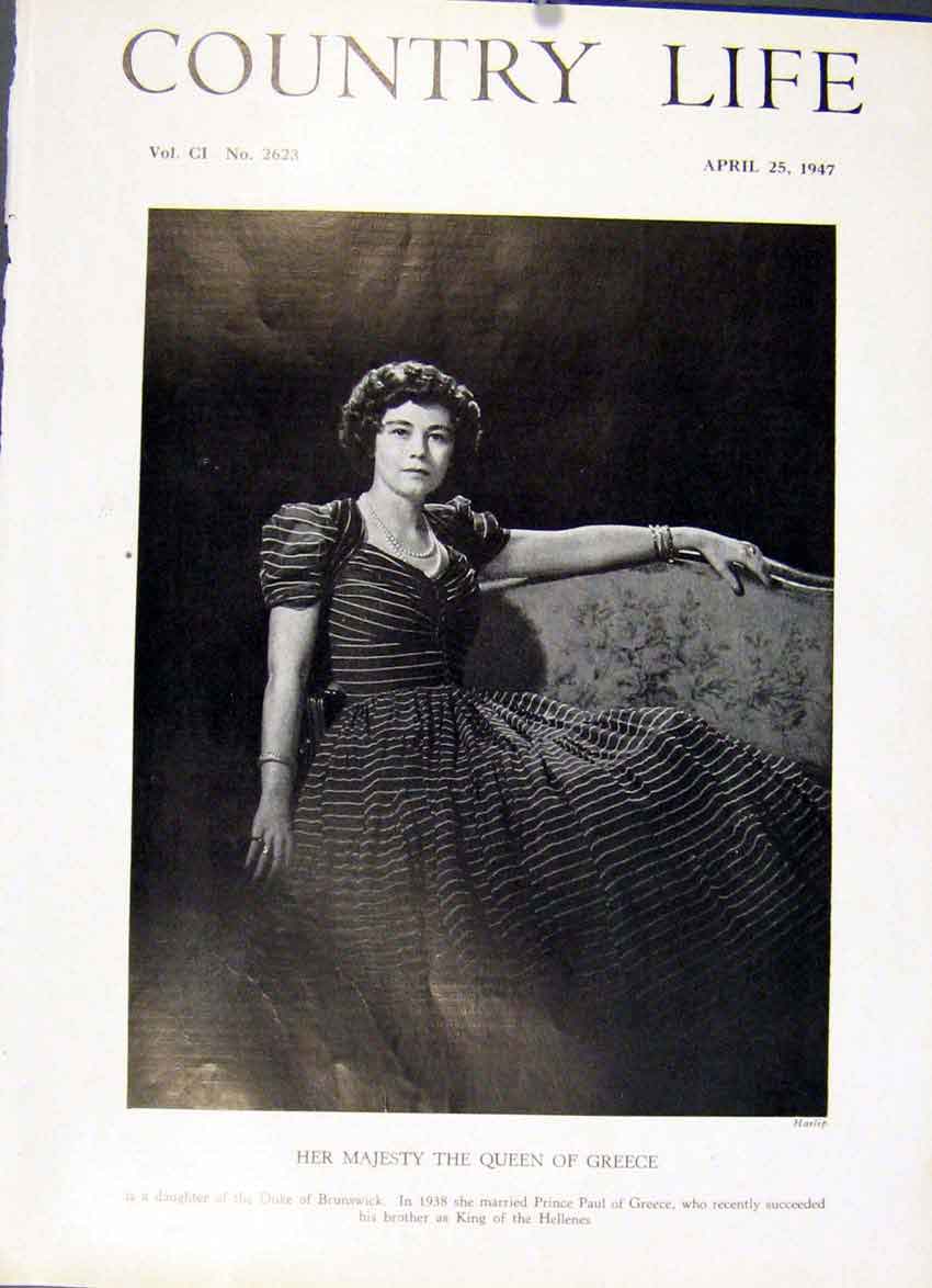 Original Old Vintage Print Queen Greece 1947 Country Life Portrai 20th Century