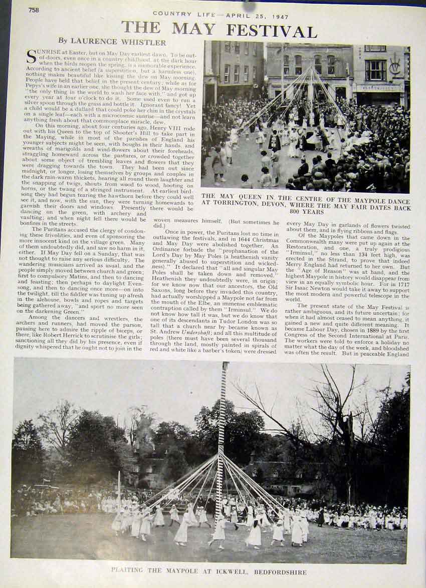 Original Old Vintage Print The May Festival 1947 Country Lif 20th Century