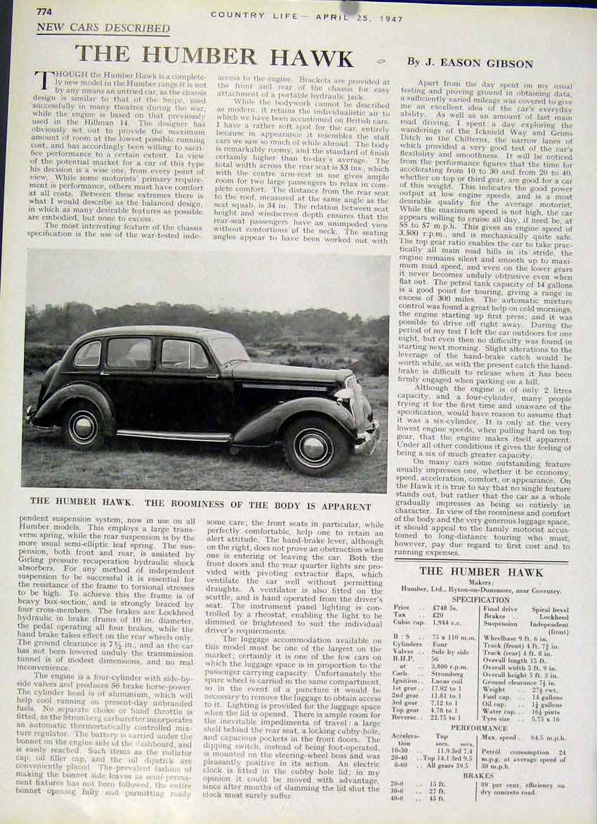 Original Old Vintage Print The Humber Hawk 1947 Motor Ca 20th Century