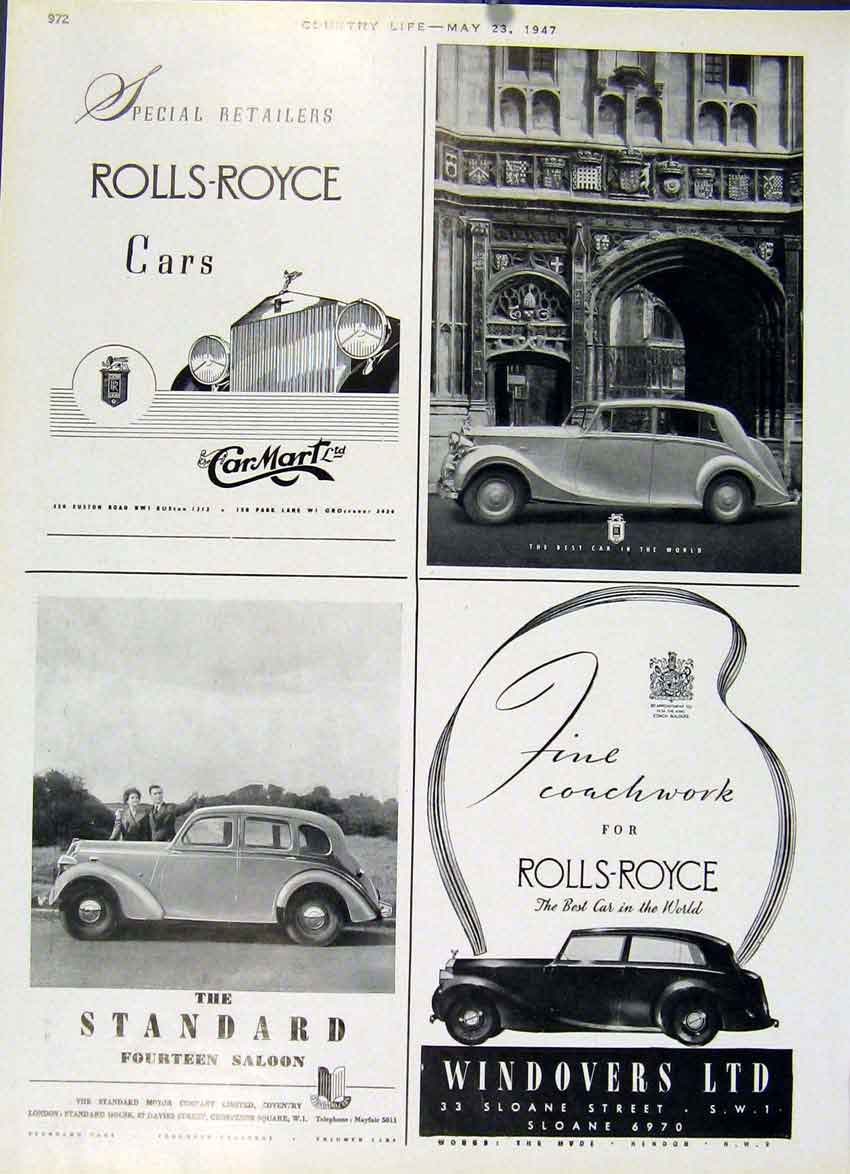 Original Old Vintage Print Rolls Royce & Standard Ten 1947 Country Life Car Ad